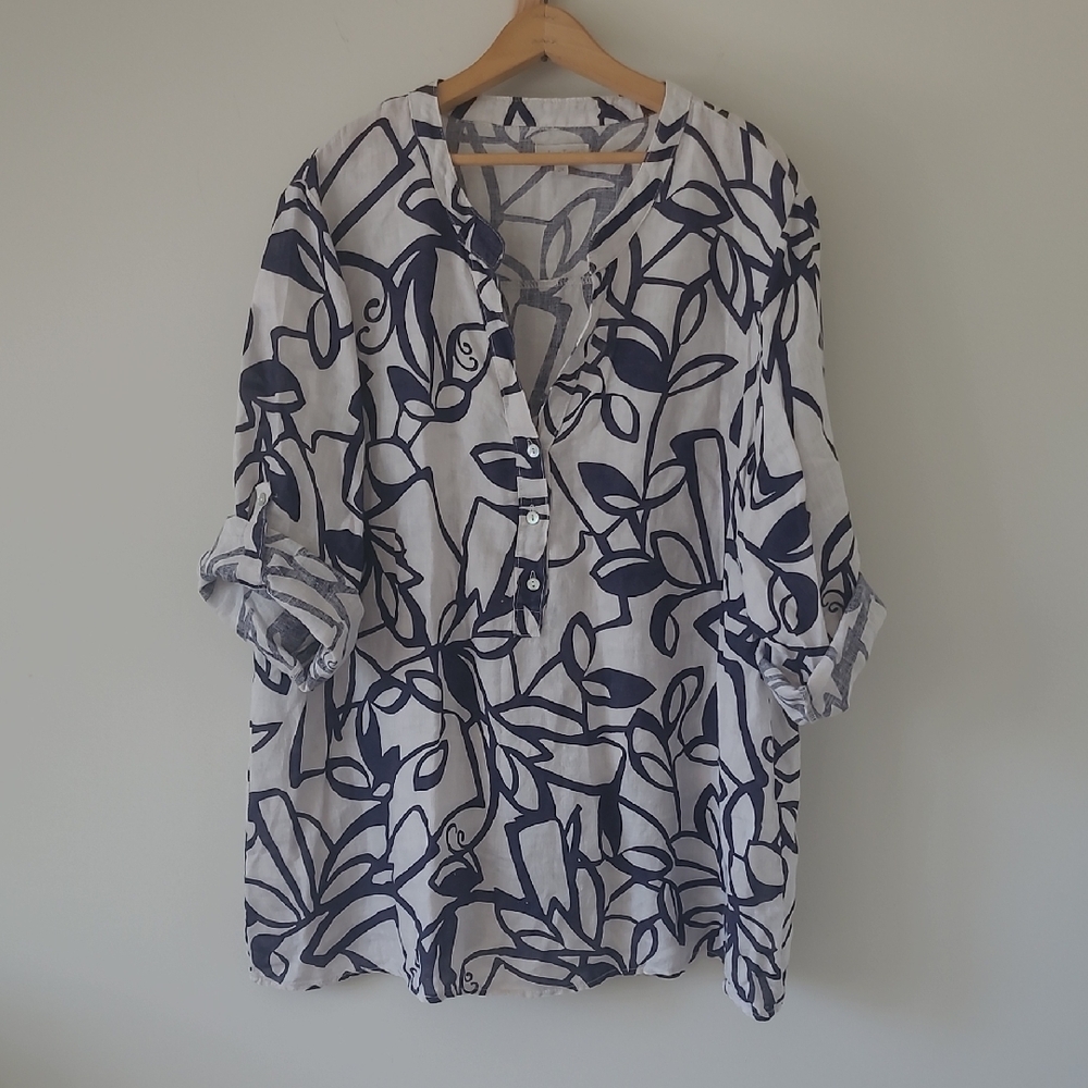 Navy and White Floral Women's Top